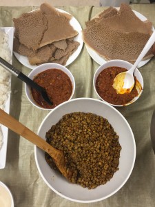 Injera, spicy stew, and lentils! 