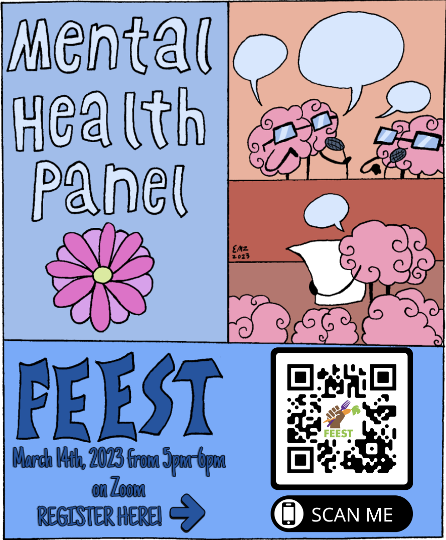 image is of an event poster for FEEST's mental health panel