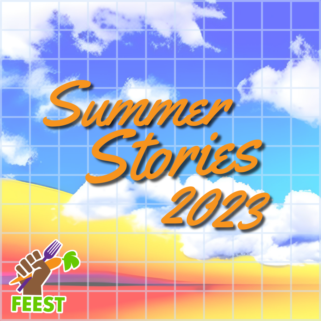 image is of a poster advertising FEESTs summer program, Summer Stories