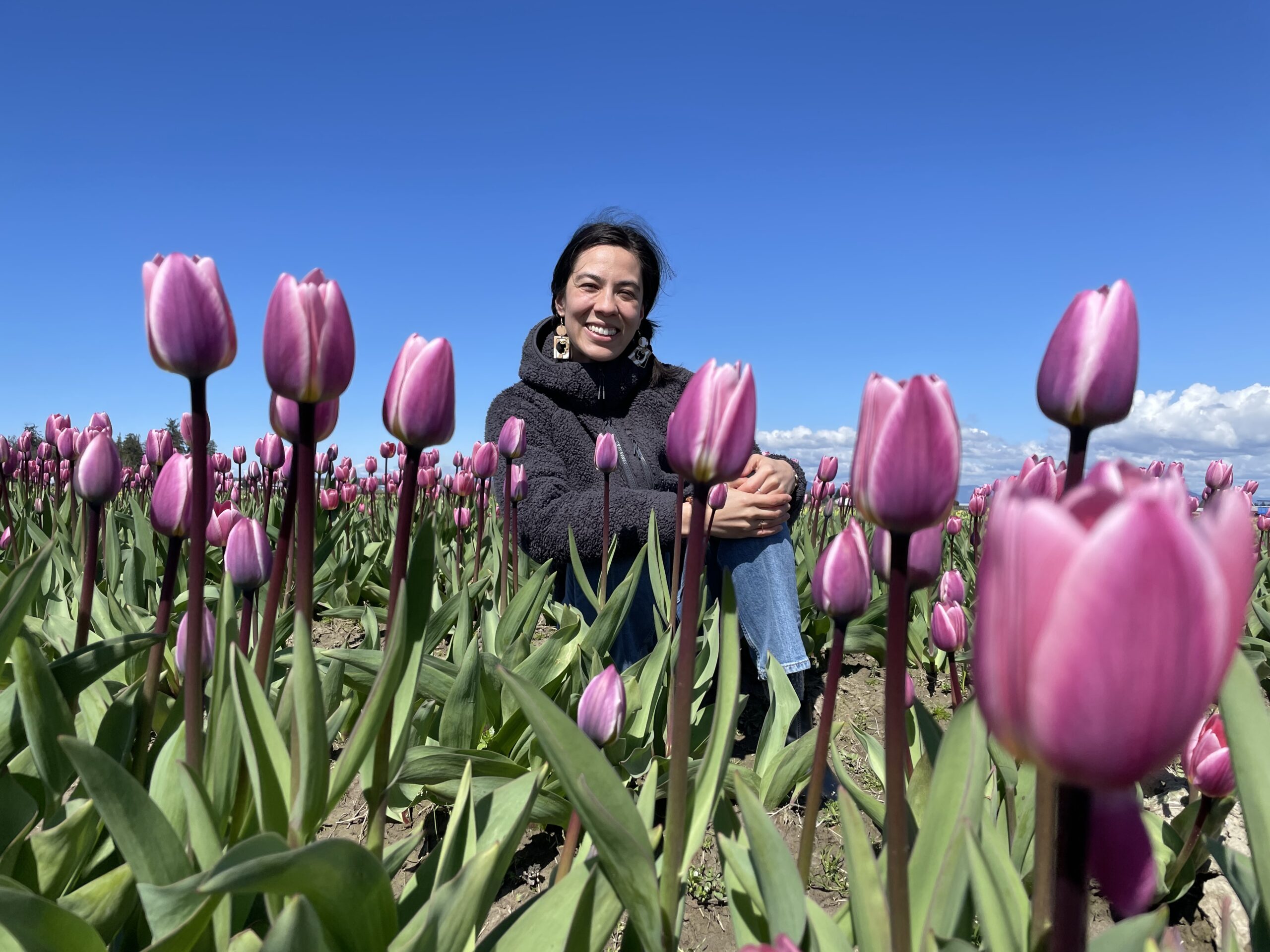 image is of Arista sitting in a tulip field under a blue sky